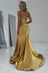 Simple Gold Prom Dress Corset Strapless Long Formal Dress With Slit
